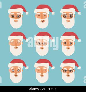 Insieme di emozioni isolate di Babbo Natale. Felice, triste, domandato e arrabbiato Santa avatar volti. Illustrazione vettoriale. Illustrazione Vettoriale