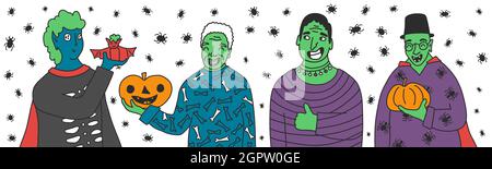 Gruppo di Halloween partito verde e blu pelle persone con zucche, vampiro bat. Illustrazione vettoriale di zombie in costumi con occhi strani. Illustrazione Vettoriale