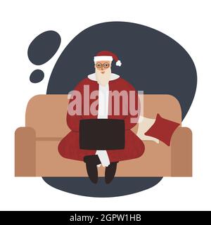 Moderna Santa Clause siede sul divano con computer portatile. Videochiamata online con le famiglie a Natale. Concetto di lavoro. Illustrazione del concetto vettoriale. Illustrazione Vettoriale
