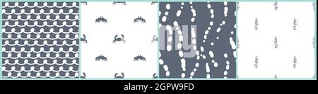 Granchi marini blu e bianchi, onde, piante sottomarine alghe e bulbi d'acqua semplici modelli senza giunture monocromatici. Set di illustrazioni vettoriali disegnate a mano Illustrazione Vettoriale