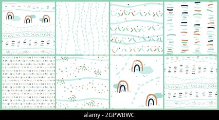 Set di otto dolce cute astratto marrone blu verde senza cuciture motivi di nuvole, linee arcobaleno, punti su sfondo bianco collezione illustrazione vettoriale Illustrazione Vettoriale