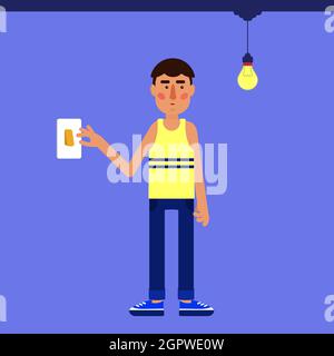Uomo che accende una lampadina appesa a un filo dal soffitto. Uomo con faccia seria che attiva l'interruttore. Illustrazione Vettoriale