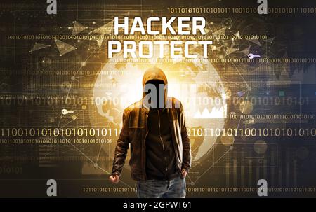 Hacker senza volto al lavoro, concetto di sicurezza Foto Stock