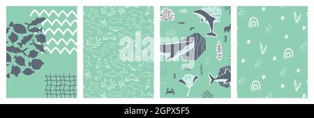 Poster vettore oceano mare set con cartoon silhouette balena, razze, pesci, polpi, granchio e altri animali subacquei per banner, carte, cartoline, libro Illustrazione Vettoriale