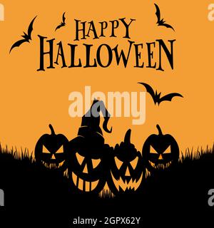 Halloween notte sfondo, zucche, pipistrello, albero, luna e il castello scuro. Felice Halloween banner o festa invito sfondo illustrazione vettoriale. Illustrazione Vettoriale