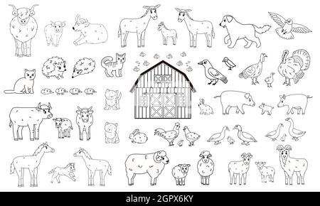 Set di cartoni animati di contorno animali da fattoria. Vettore carino collezione di fienile in legno, mucca d'oca asino bue maiale porco pollo gallina gallo capra pecora anatra cavallo tu Illustrazione Vettoriale