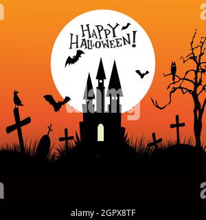 Halloween notte sfondo, zucche, pipistrello, albero, luna e il castello scuro. Felice Halloween banner o festa invito sfondo illustrazione vettoriale. Illustrazione Vettoriale
