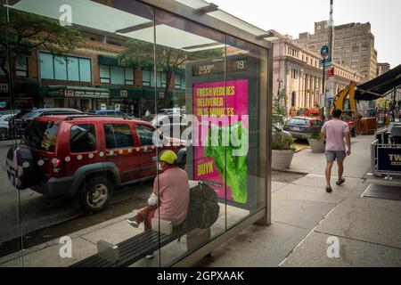 Pubblicità su un rifugio per autobus per il servizio di consegna superveloce di generi alimentari Buyk a New York Domenica 12 settembre 2021. Servizi di consegna Buyk, Frigo No More, 1520mins e Jokr sono stati fortemente pubblicità. (© Richard B. Levine) Foto Stock