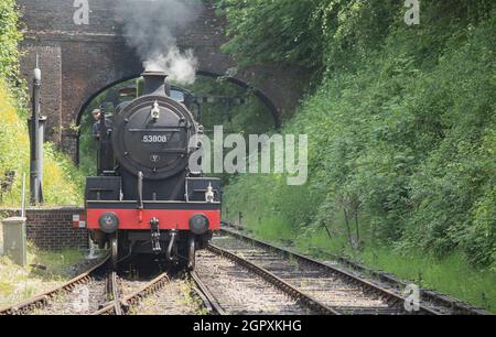 Treno a vapore che arriva sotto ponte alla stazione ferroviaria di Alresford in Hampshire Regno Unito. Foto Stock