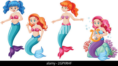 Set di simpatici mermaids fumetto stile cartoon su sfondo bianco Illustrazione Vettoriale