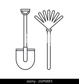 Rastrello e pala, l'icona di stile di contorno Illustrazione Vettoriale