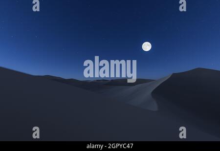 paesaggio desertico di dune con luna piena che illumina la sabbia e il cielo stellato. rendering 3d Foto Stock