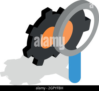 Lente di ingrandimento e ingranaggi isometrica Icone 3d style Illustrazione Vettoriale