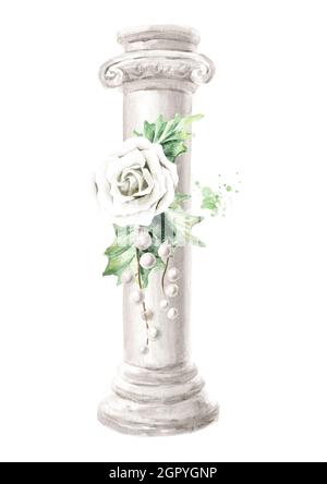 Decorazioni per matrimoni invernali, Bouquet sulla colonna. Illustrazione di acquerello disegnata a mano isolata su sfondo bianco Foto Stock