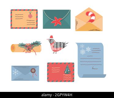 Set di Natale di buste e lettere a Babbo Natale. Collezione di posta decorata per l'anno nuovo. Elementi festivi per inviare messaggi Illustrazione Vettoriale
