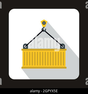 Gru solleva contenitore giallo icona, stile piatto Illustrazione Vettoriale