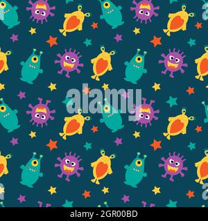 Divertenti alieni e stelle multicolore su sfondo blu scuro. Illustrazione Vettoriale
