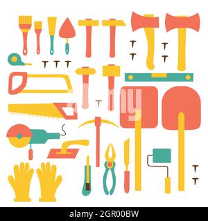Set di strumenti di costruzione su sfondo isolato. Lavori di costruzione o ristrutturazione. Materiali di consumo per l'edilizia da utilizzare come elemento di design o logo. Illustrazione Vettoriale