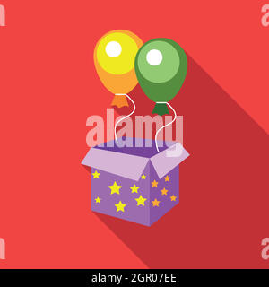 Palloncini che appare da magic box icona, stile piatto Illustrazione Vettoriale