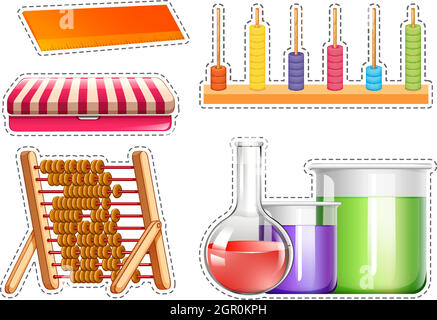 Set di adesivi per diverse attrezzature scolastiche Illustrazione Vettoriale