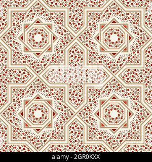 Piastrella per pavimento a motivi geometrici. Design marocchino. Stella a otto raggi. Pattern vettoriale senza giunture. Illustrazione vettoriale. Mosaico moresco in oro e rosso. Piccola f Illustrazione Vettoriale