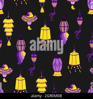 Modello senza cuciture con varie lanterne indiane. Candele e luci dipinte a mano. Articoli decorativi asiatici. Sfondo multiplo vettoriale Illustrazione Vettoriale
