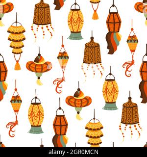 Modello senza cuciture con varie lanterne indiane. Candele e luci dipinte a mano. Articoli decorativi asiatici. Sfondo multiplo vettoriale Illustrazione Vettoriale