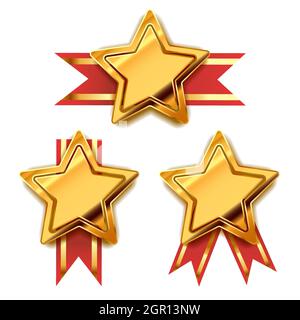 Set di premi in oro brillante a forma di stella con nastro rosso, badge lucidi per vincitori su bianco Illustrazione Vettoriale