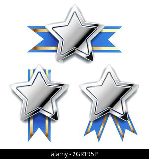 Premi in argento brillante a forma di stella con nastro blu, badge vincenti lucidi isolati sul bianco Illustrazione Vettoriale