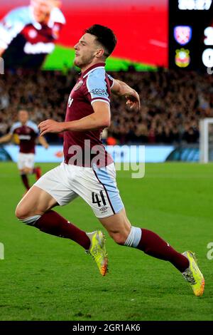 Londra, Regno Unito. 30 settembre 2021. Declan Rice of West Ham United festeggia dopo aver segnato il suo primo goal team. UEFA Europa League match, gruppo H, West Ham Utd v Rapid Wien al London Stadium, Queen Elizabeth Olympic Park di Londra giovedì 30 settembre 2021. Questa immagine può essere utilizzata solo per scopi editoriali. Solo per uso editoriale, licenza richiesta per uso commerciale. Nessun uso in scommesse, giochi o un singolo club/campionato/player pubblicazioni. pic di Steffan Bowen/Andrew Orchard sport fotografia/Alamy Live news credito: Andrew Orchard sport fotografia/Alamy Live News Foto Stock