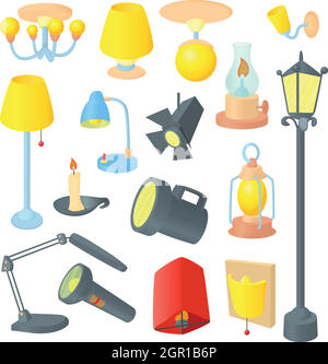 Icone di illuminazione set , in stile cartone animato Illustrazione Vettoriale