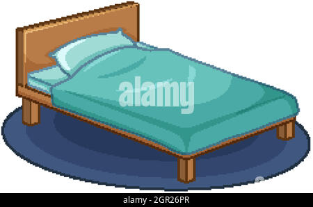 Letto singolo in legno su tappeto rotondo con coperta blu e cuscino in stile cartone animato Illustrazione Vettoriale