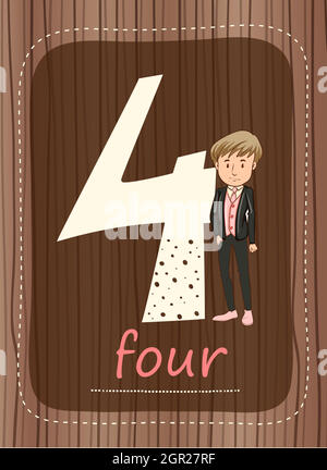 Flashcard numero 4 con numero e parola Illustrazione Vettoriale