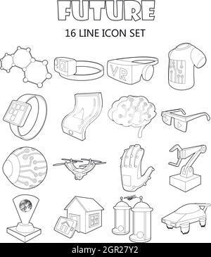 Futuro set di icone di stile di contorno Illustrazione Vettoriale