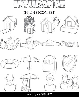 Assicurazione di set di icone di stile di contorno Illustrazione Vettoriale