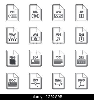 Formato di file di set di icone di stile di contorno Illustrazione Vettoriale