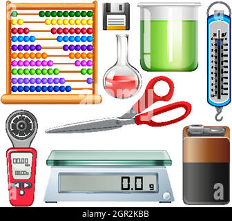 Set di attrezzature scientifiche su sfondo bianco Illustrazione Vettoriale