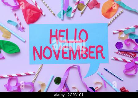 Visualizzazione concettuale Ciao novembre. Word for Welcome l'undicesimo mese dell'anno prima di dicembre Colourful Party Collection flashy Celebration Foto Stock