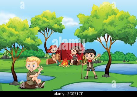 Campeggio bambini nella foresta Illustrazione Vettoriale
