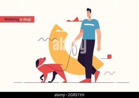 Illustrazione vettoriale raffigurante un giovane uomo sorridente che cammina un cane su un colpo di guinzaglio.Editable Illustrazione Vettoriale