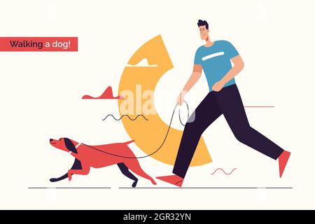 Illustrazione vettoriale raffigurante un giovane uomo sorridente che corre un cane al guinzaglio. Tratto modificabile Illustrazione Vettoriale