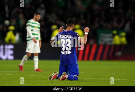 Piero Hincapie di Bayer Leverkusen reagisce a tempo pieno della partita UEFA Europa League Group G al Celtic Park di Glasgow. Data foto: Giovedì 30 settembre 2021. Foto Stock