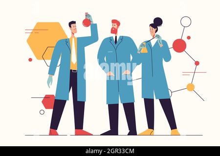 Illustrazione vettoriale raffigurante un gruppo di scienziati che lavorano, fanno test, ricercano in un laboratorio. Tratto modificabile Illustrazione Vettoriale