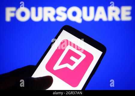 Ucraina. 30 settembre 2021. In questa foto è visibile sullo smartphone il logo Foursquare City Guide. Credit: SOPA Images Limited/Alamy Live News Foto Stock