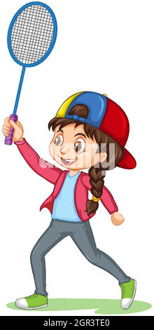 Cute ragazza che gioca badminton personaggio cartoon isolato Illustrazione Vettoriale