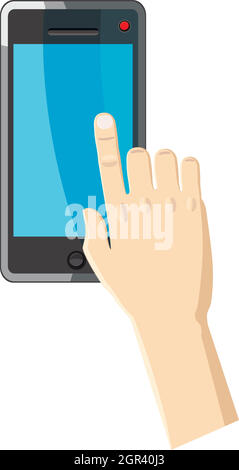 Mano puntando sull'icona smartphone, stile cartoon Illustrazione Vettoriale