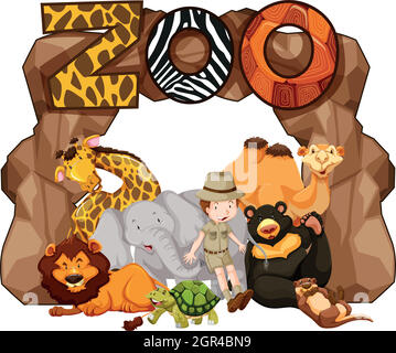 Ingresso allo zoo con molti animali selvatici Illustrazione Vettoriale