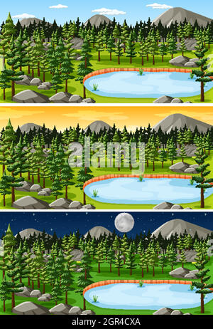 Paesaggio forestale in diverse ore in un giorno Illustrazione Vettoriale