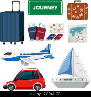 Set di tema vacanze con trasporti e altri oggetti Illustrazione Vettoriale