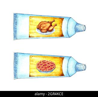 Acquerello set di cibo per astronauti in tubi di tacchino e torta. Una semplice provetta bianca con un'etichetta gialla e foto del cibo. LUN Foto Stock